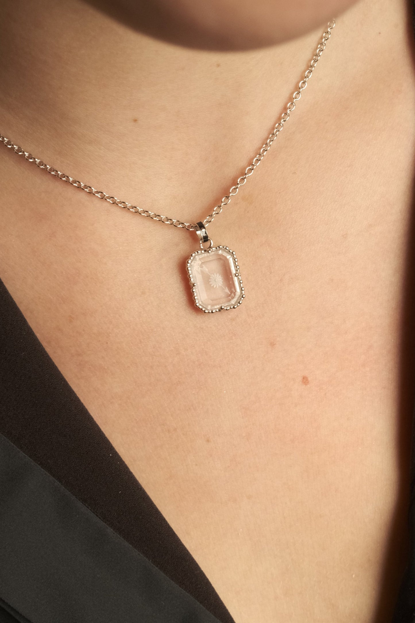 HANDCRAFTED PINK CRYSTAL ENGRAVED NECKLACE | SILVER