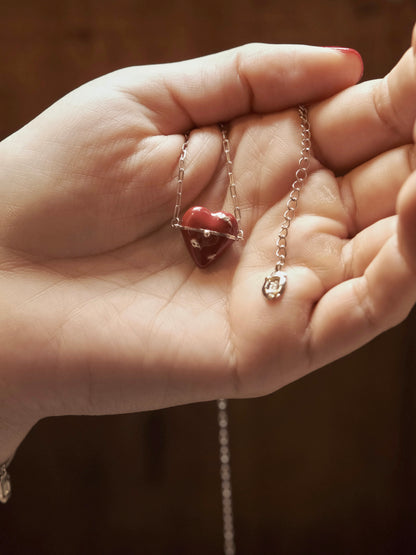 RED ENAMEL HEART LOCKET NECKLACE WITH HIDDEN PEARLS