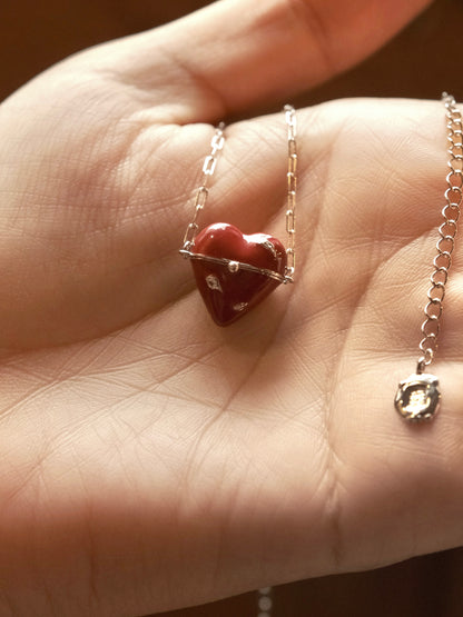 RED ENAMEL HEART LOCKET NECKLACE WITH HIDDEN PEARLS