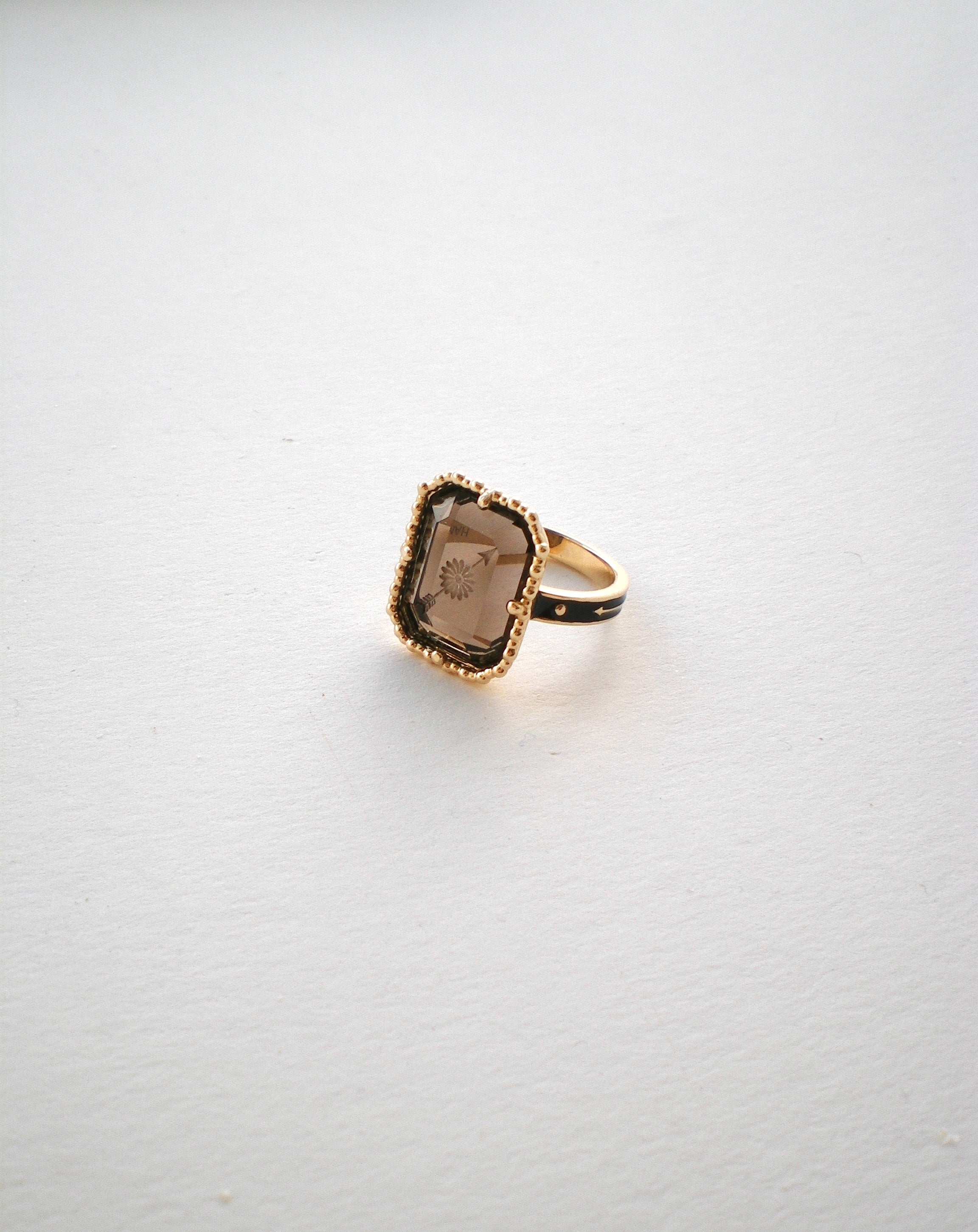 HANDCRAFTED SMOKY CRYSTAL ENGRAVED RING | 9K GOLD