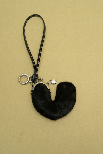 BLACK COW PATTERN HORSE HAIR HEART COIN PURSE / CHARM