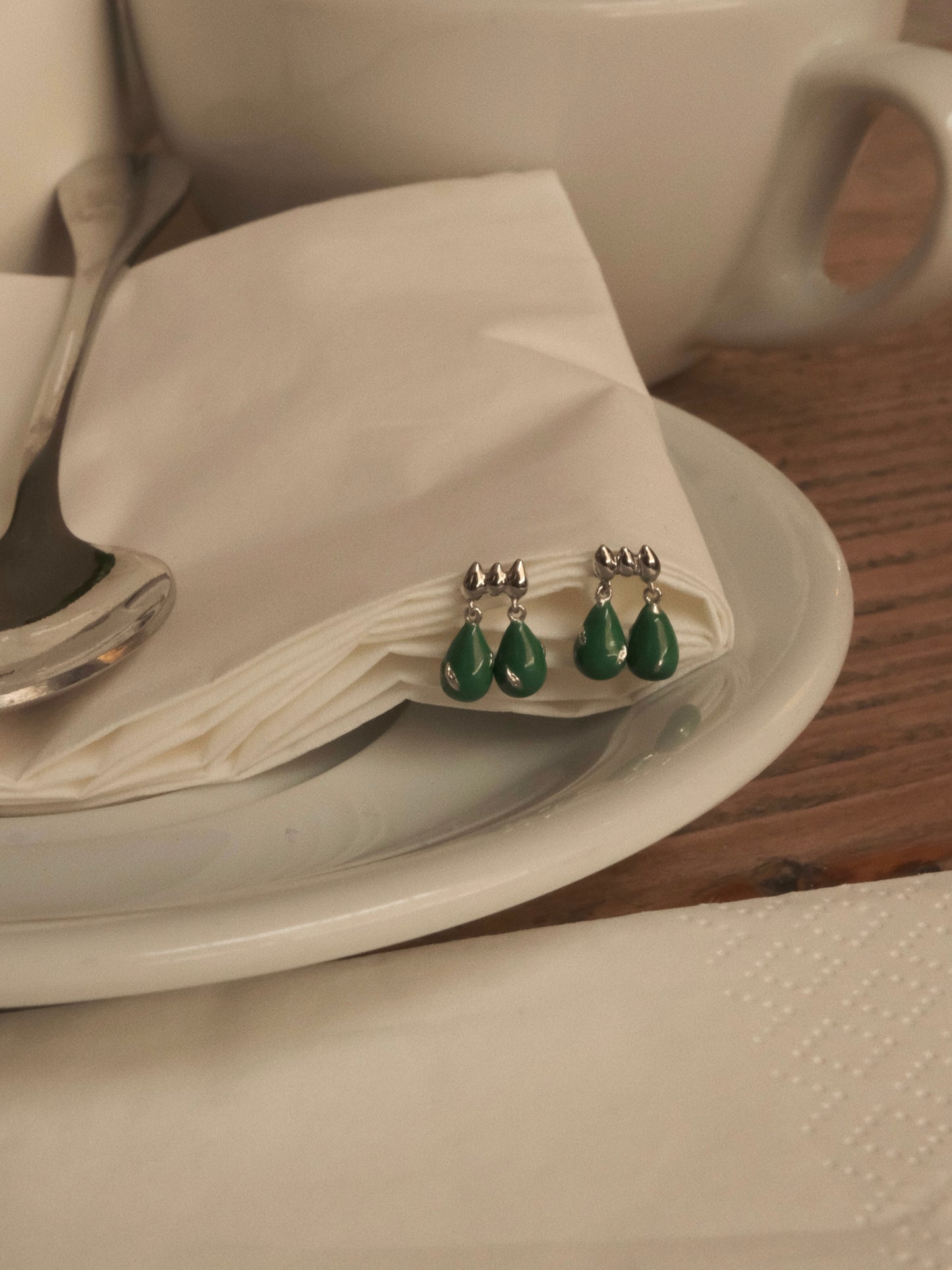 DOUBLE-LAYER TEARDROP GREEN ENAMEL EARRINGS