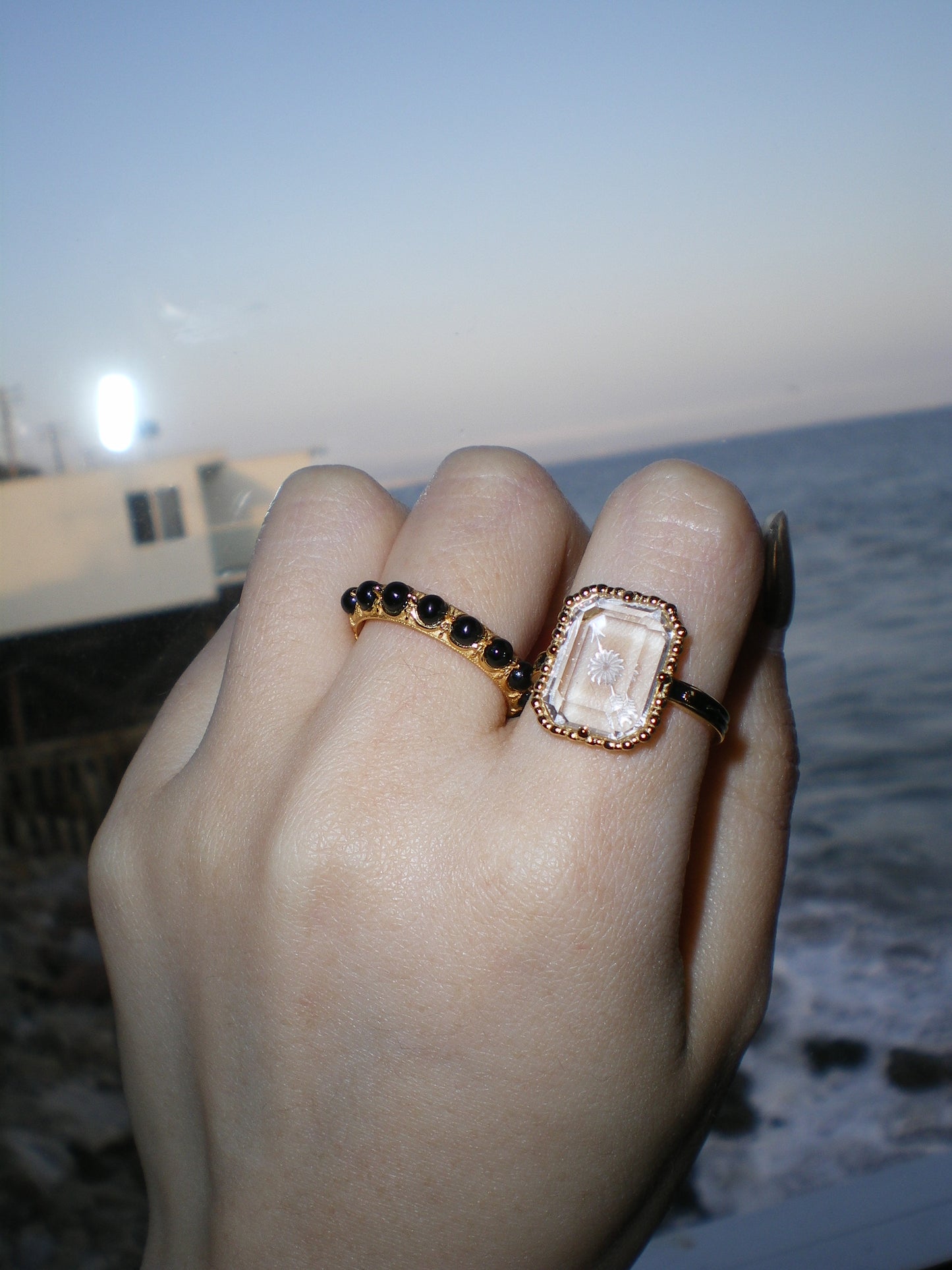 HANDCRAFTED PINK CRYSTAL ENGRAVED RING | SILVER