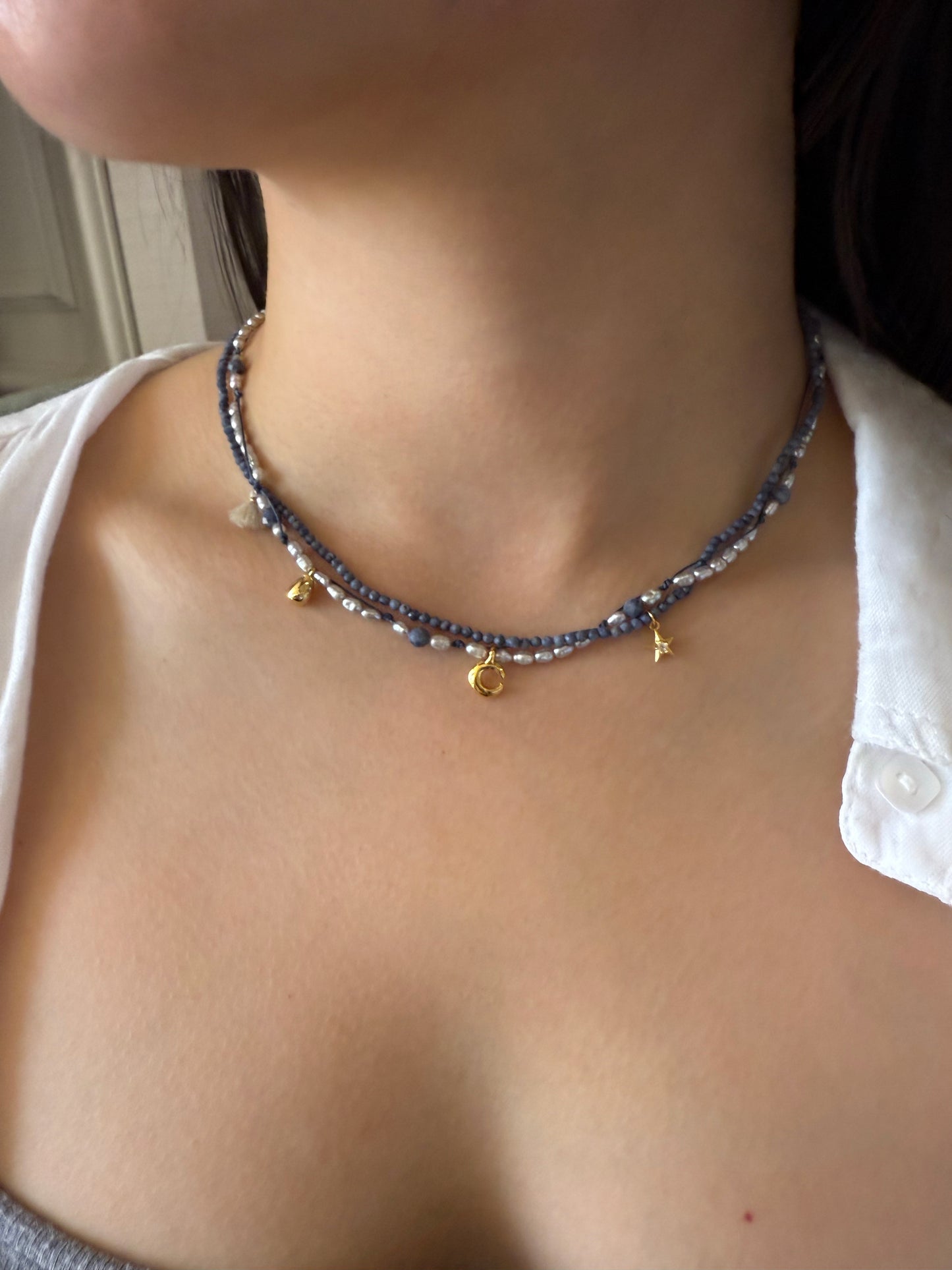 DOUBLE-LAYER MOON & STAR BLUE CORAL BEADED NECKLACE