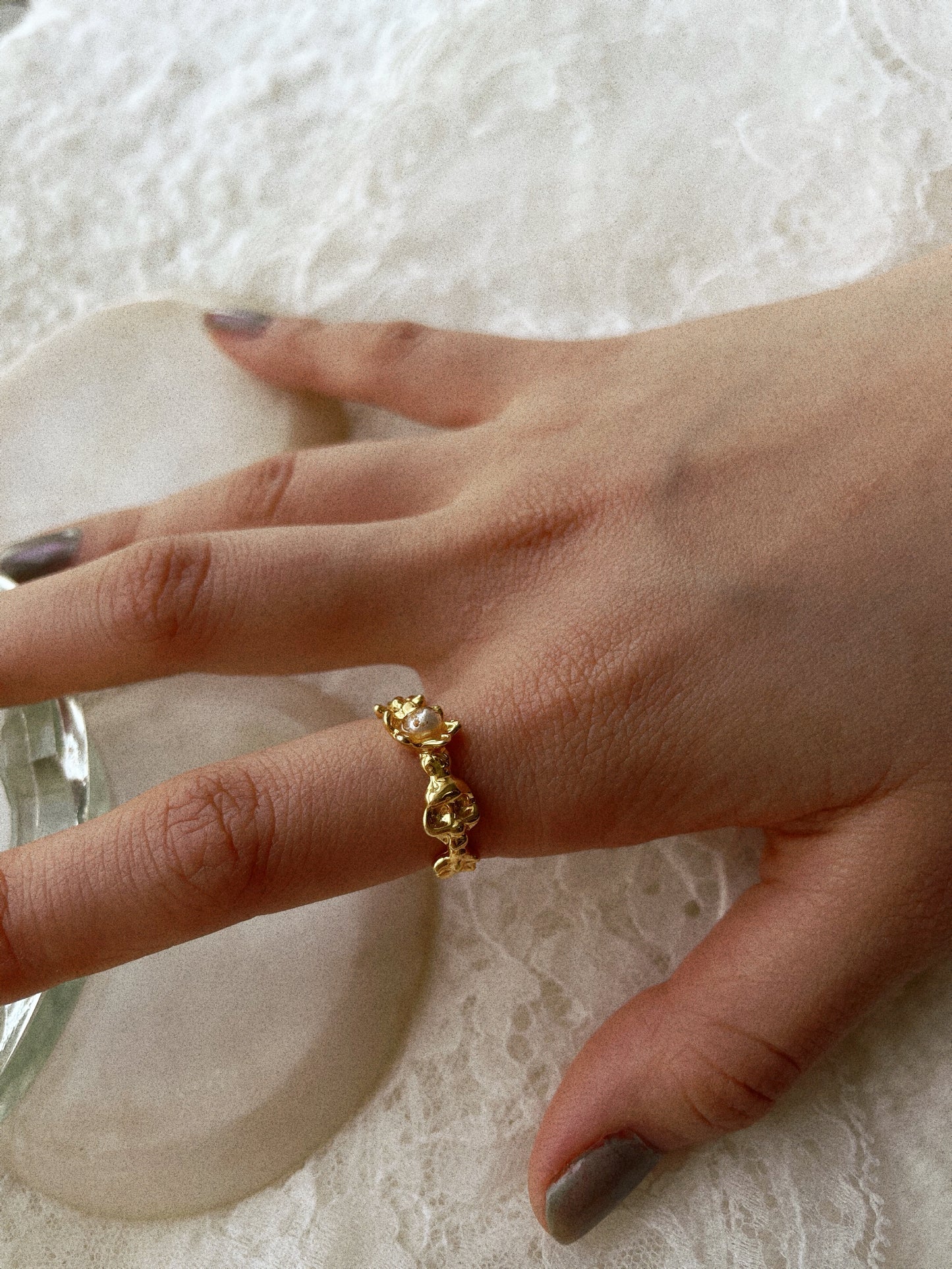 GOLD FLORAL SKULL RING WITH PEARL