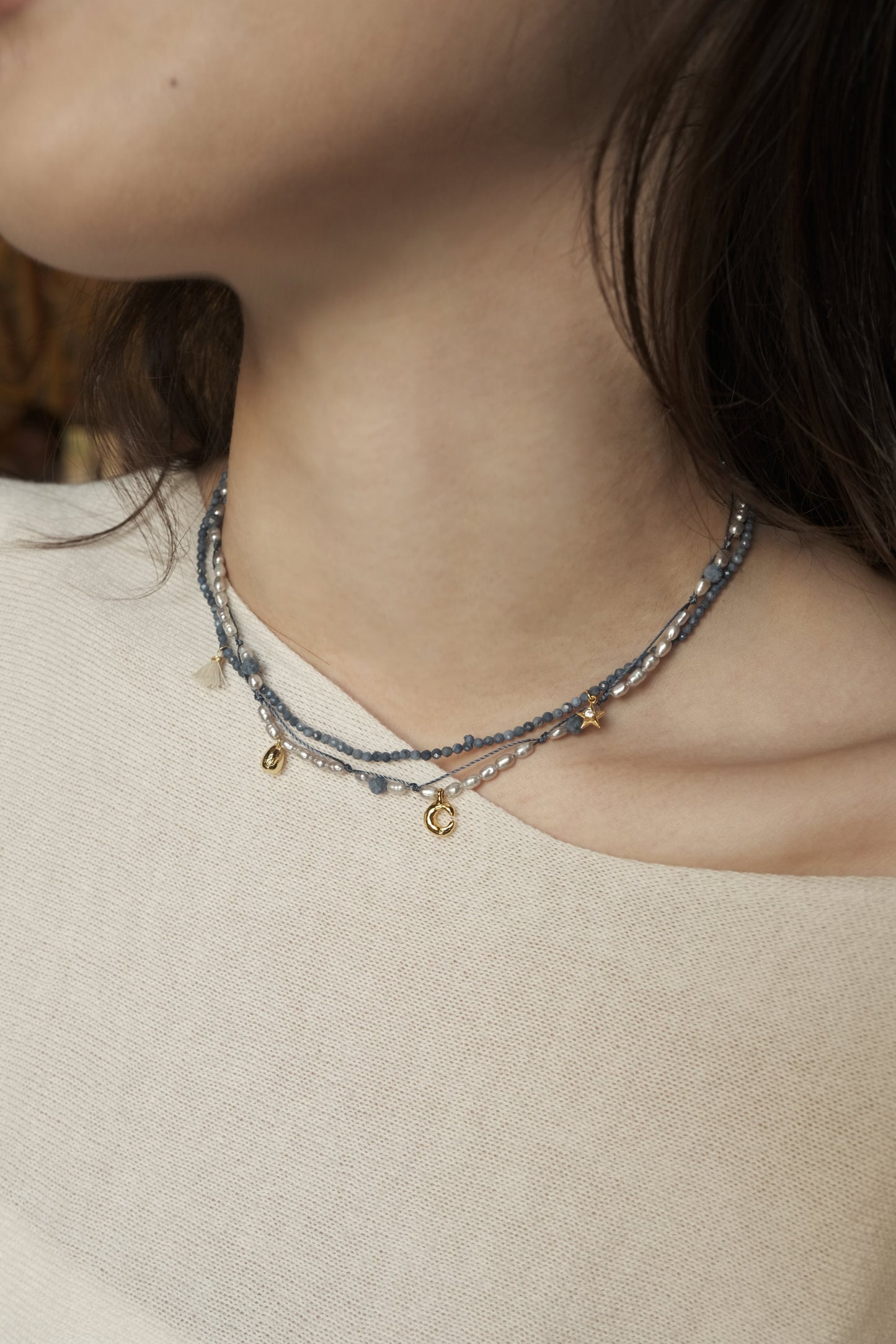 DOUBLE-LAYER MOON & STAR BLUE CORAL BEADED NECKLACE