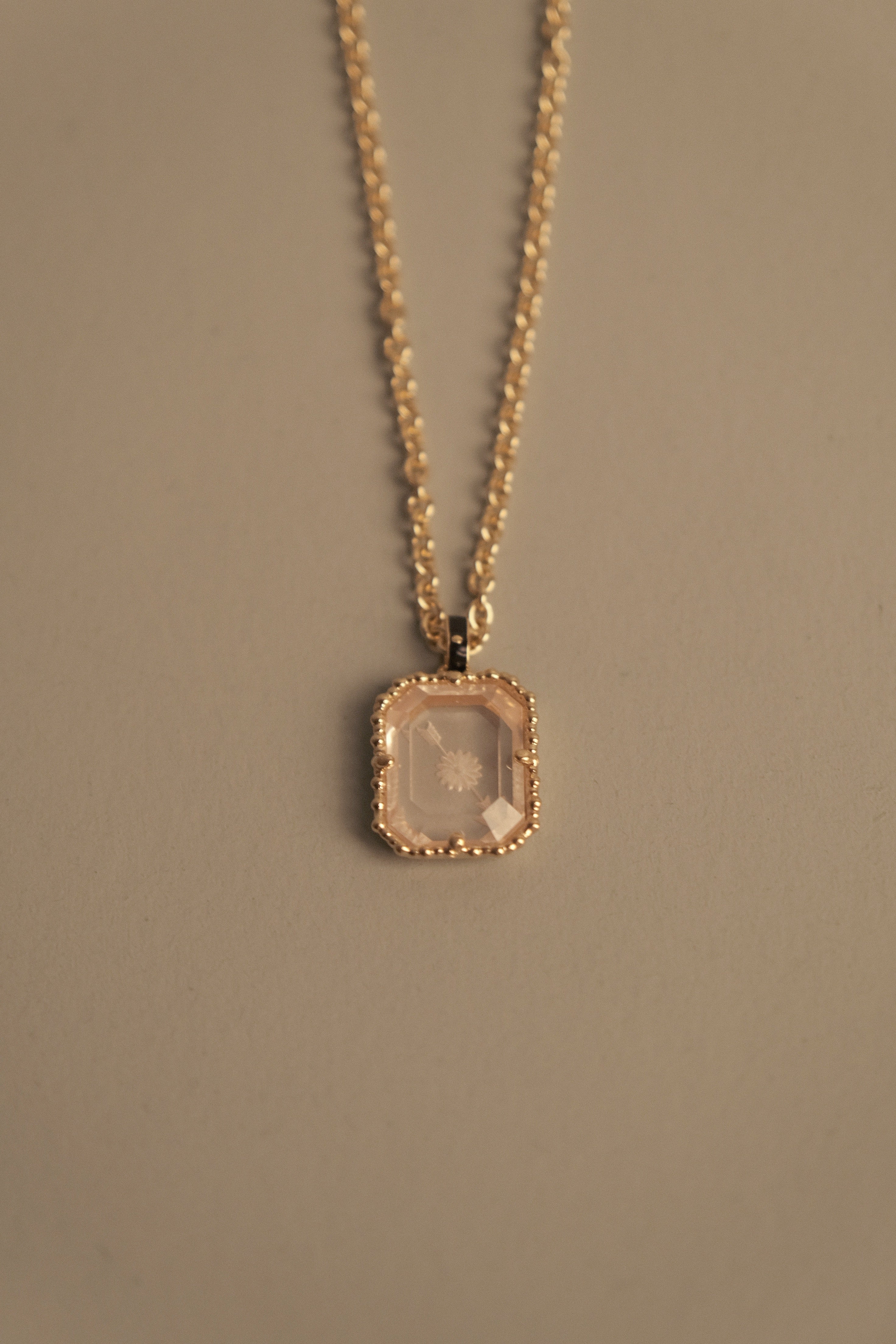 HANDCRAFTED PINK CRYSTAL ENGRAVED NECKLACE | 9K GOLD