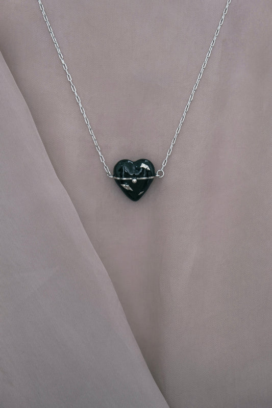 BLACK ENAMEL HEART LOCKET NECKLACE WITH HIDDEN PEARLS