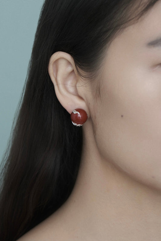 HANDCRAFTED RED ENAMEL SILVER BALL EARRINGS