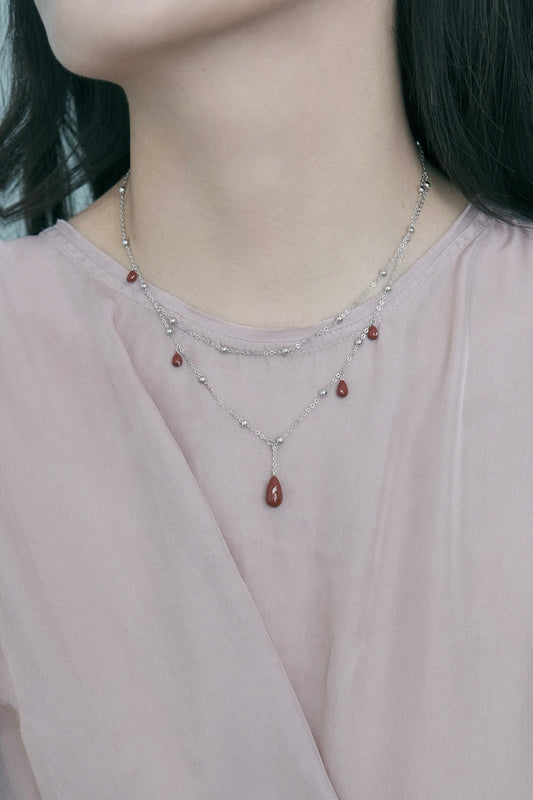 RED ENAMEL WATER DROP DOUBLE LAYER NECKLACE