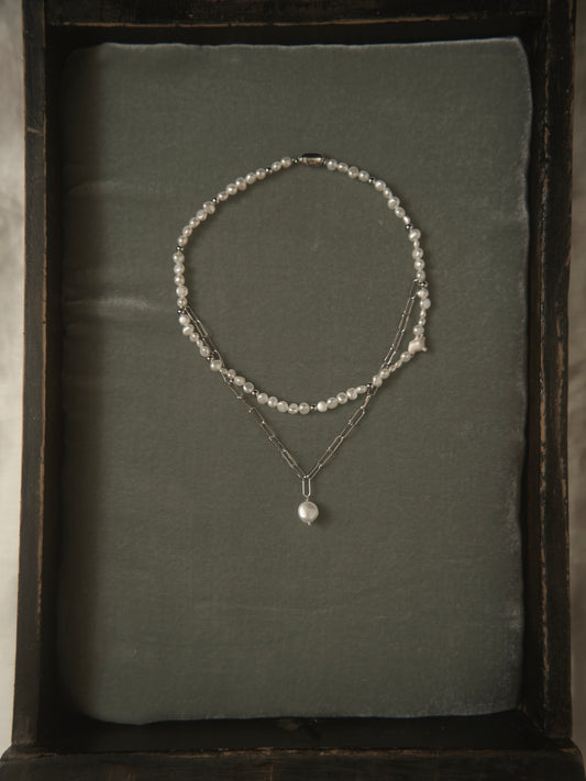 PEARL CHAIN LAYERED NECKLACE (SILVER)