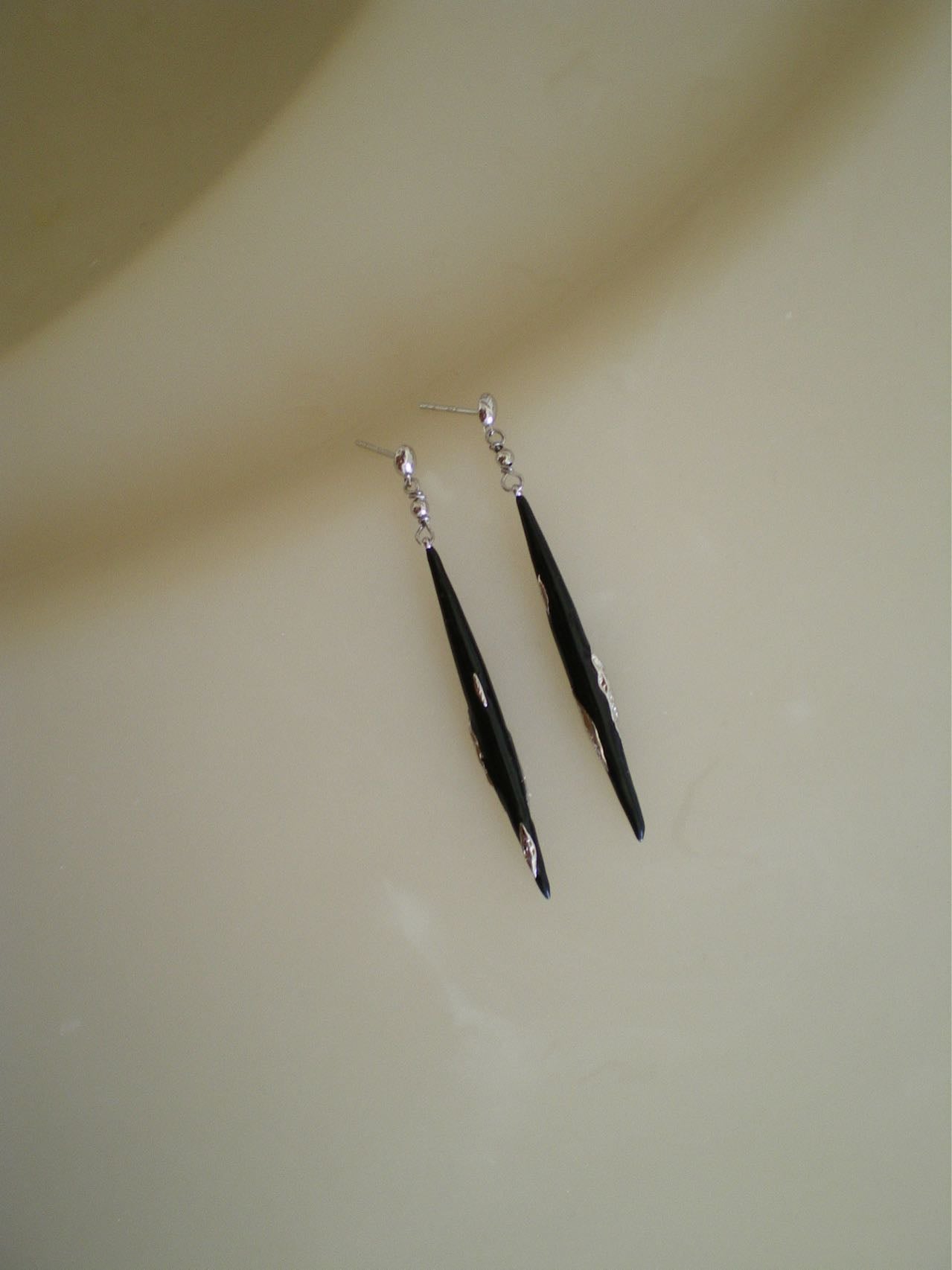 PINE NEEDLE EARRINGS WITH BLACK ENAMEL